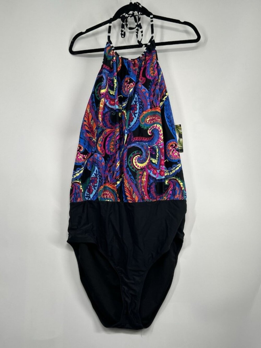 Mazu Swim High Neck Halter Blouson One Piece in French Paisley Black 22w NWT